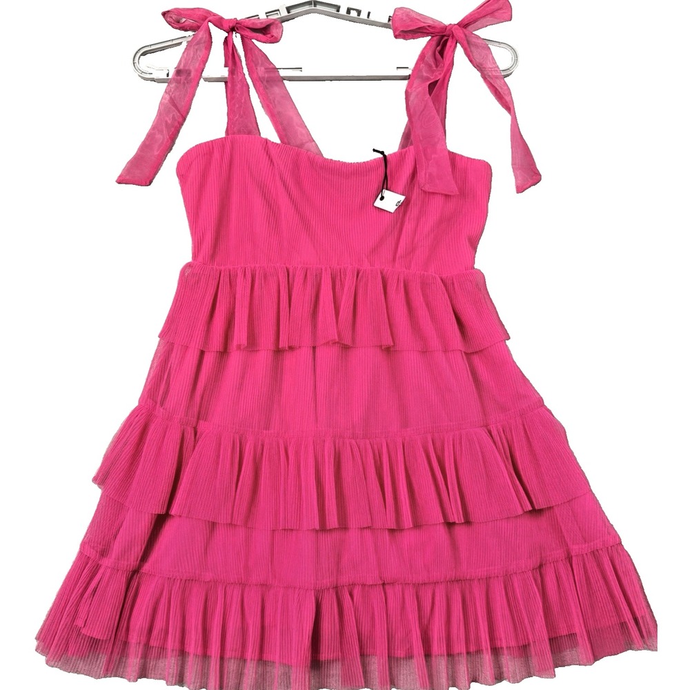 Day + Moon Women Mini Sundress Dress M Hot Pink Festival Sheer Tired Ruffles